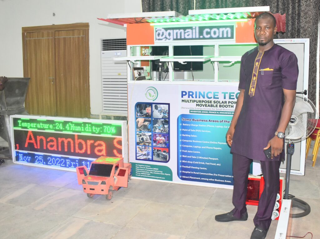 Engr. Prince Nwankwo wins the “Inventors Award of the year 2022 in Nigeria” with his innovation: Prince Tech Multipurpose Solar-powered Moveable Booth (with Voice or Mobile Phone Appliances Control System) Engr. Prince Nwankwo wins the “Inventors Award of the year 2022 in Nigeria” with his innovation: Prince Tech Multipurpose Solar-powered Moveable Booth (with Voice or Mobile Phone Appliances Control System)